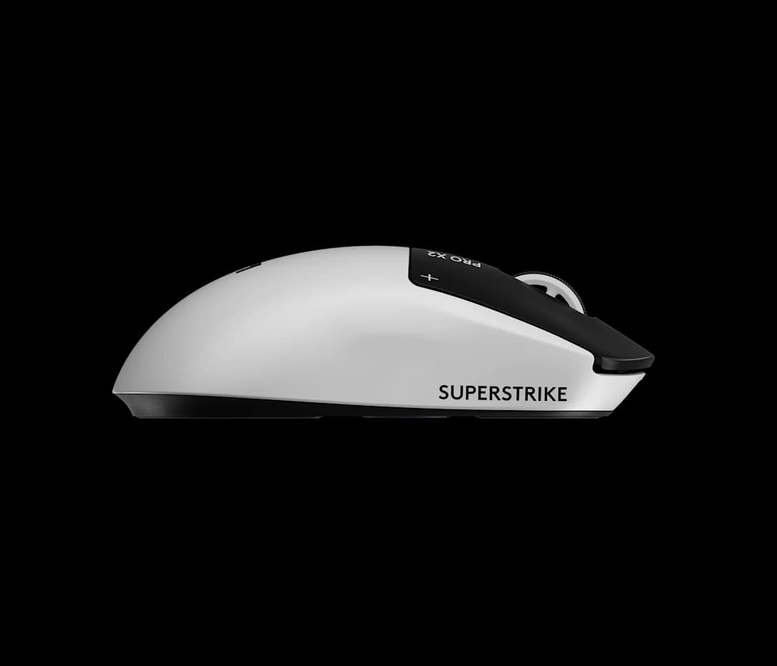 Side profile of the PRO X2 SUPERSTRIKE, showing the curved white shell