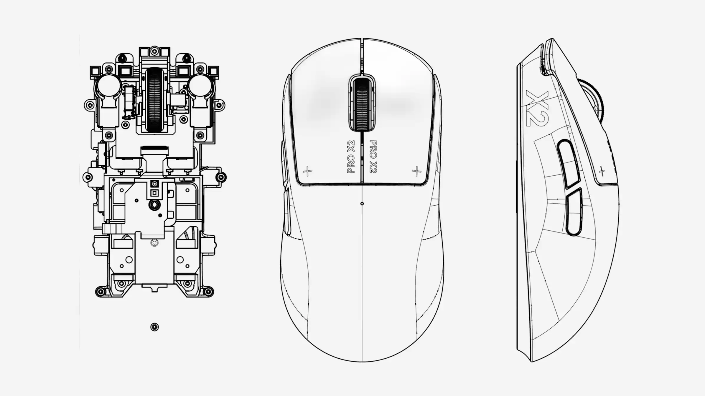 Technical engineering drawing of the PRO X2, showing its internal structure, top view and side profile